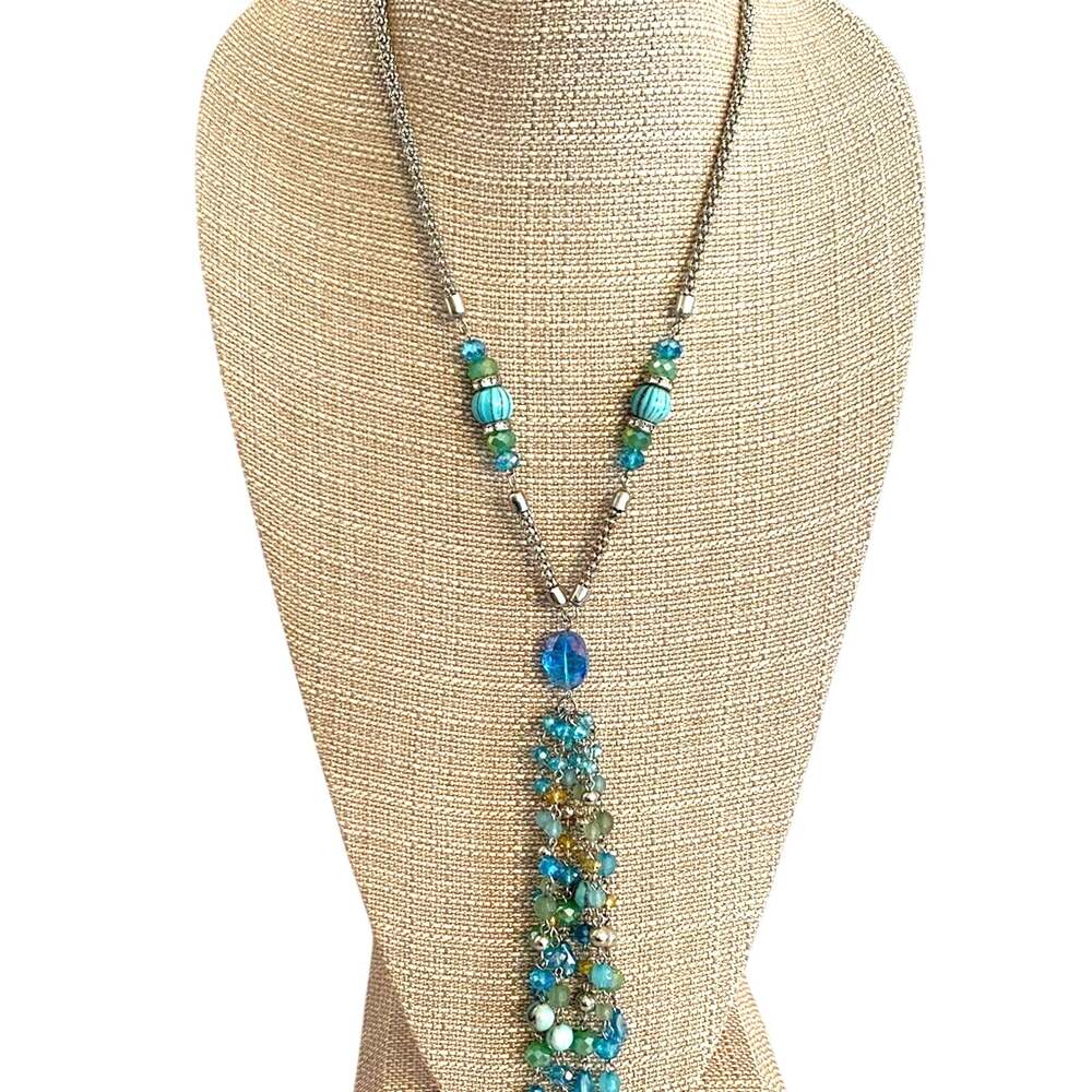 Boho Beaded Necklace Silvertone Chain & Blue Glass Beads w/ Tassel Beachy Chic